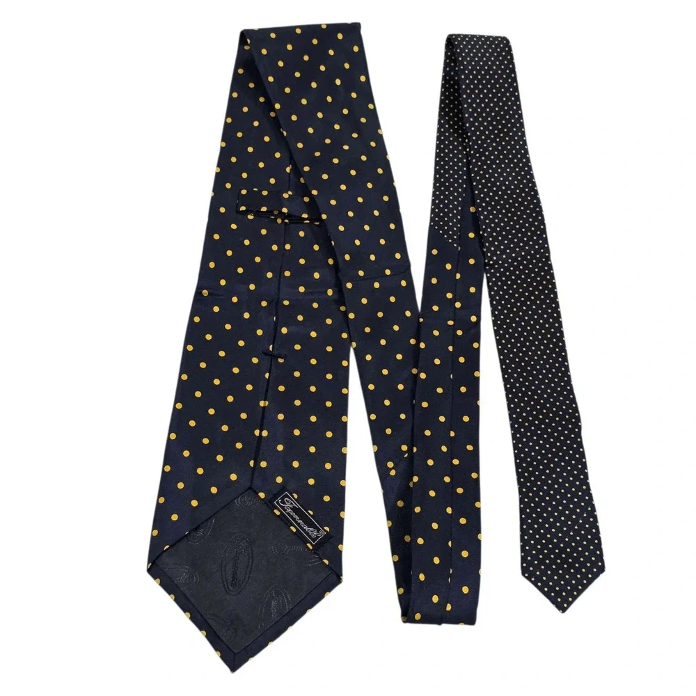 Faconnable Silk Polka Dot Necktie Navy‎ Blue Yellow Handmade Made in France
